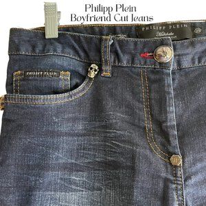 PHILIPP PLEIN BOYFRIEND CUT AZURE BLUE DESIGNER JEANS, SILVER SKULLS & SPLATTERS